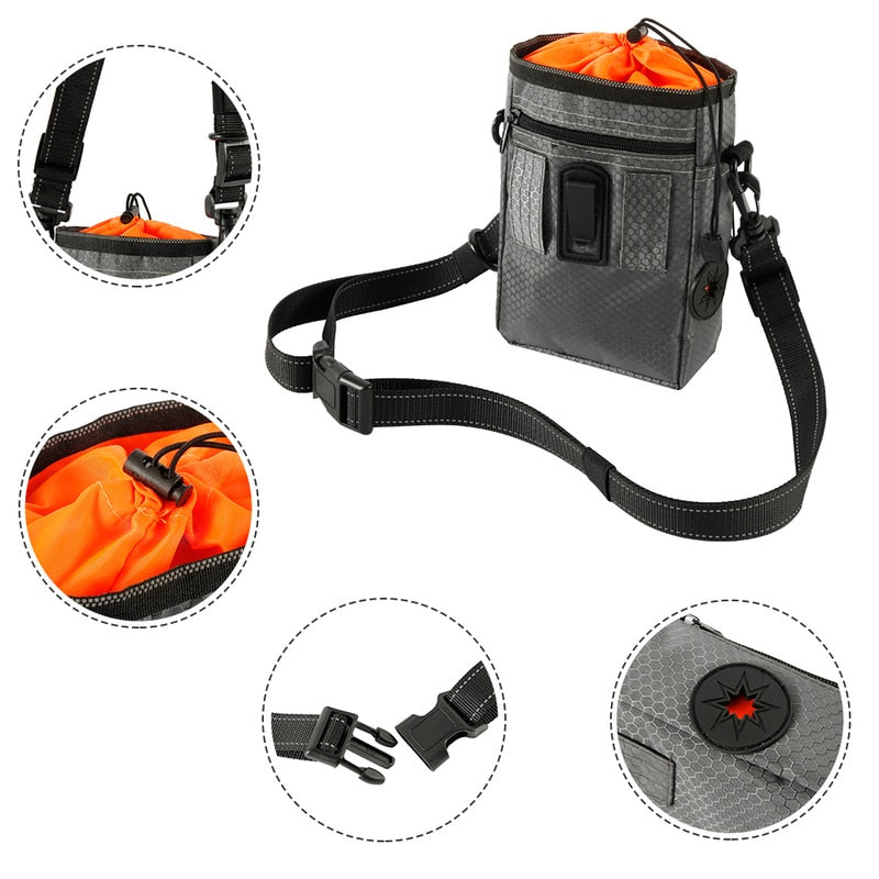 Dog Training Treat Pouch and four graphics showing its top strap, its easily sealed top section, its strap clip and access point